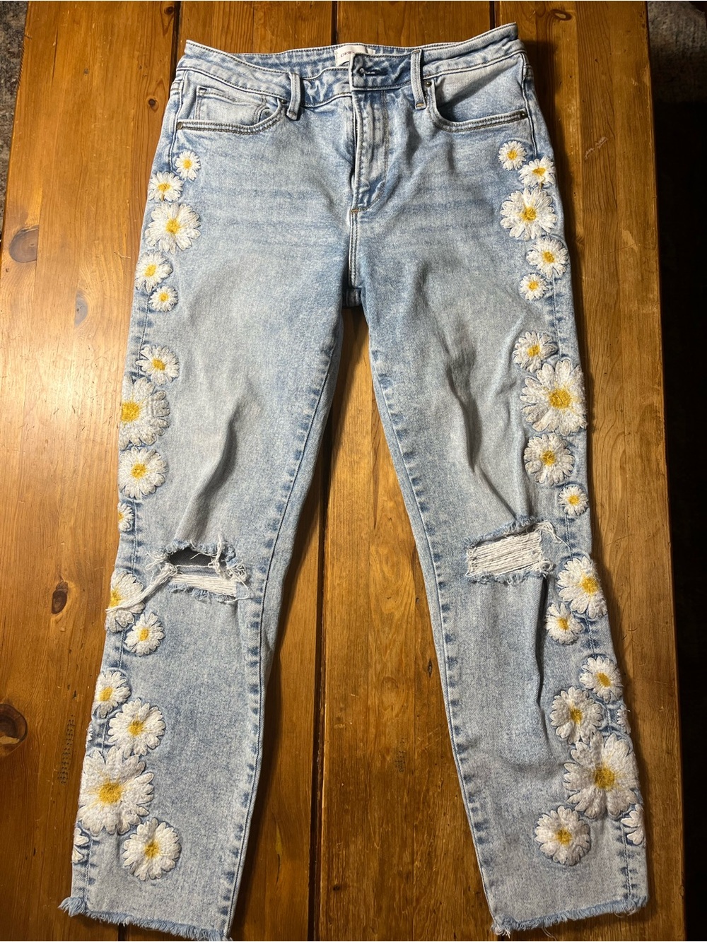 DRIFTWOOD Light Blue Straight Leg Jeans with Daisy Embroidery